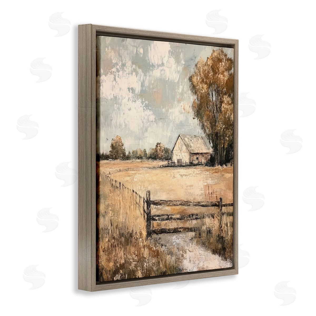 Fenced In Farm View Brown Floating Frame Canvas Wall Art, Home Decor by Petal Prints Design