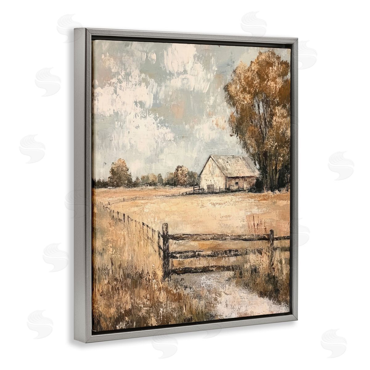 Fenced In Farm View Grey Floating Frame Canvas Wall Art, Home Decor by Petal Prints Design