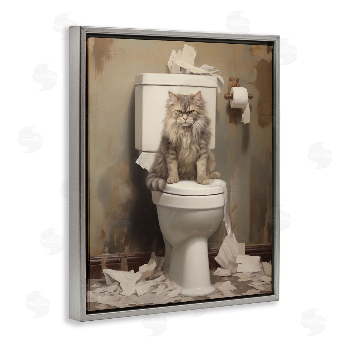 Cat & Torn Toilet Paper Grey Floating Frame Canvas Wall Art, Home Decor by Arlington Prints