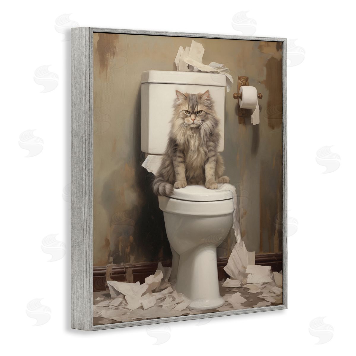 Cat & Torn Toilet Paper Grey Frame Print Wall Art, Home Decor by Arlington Prints
