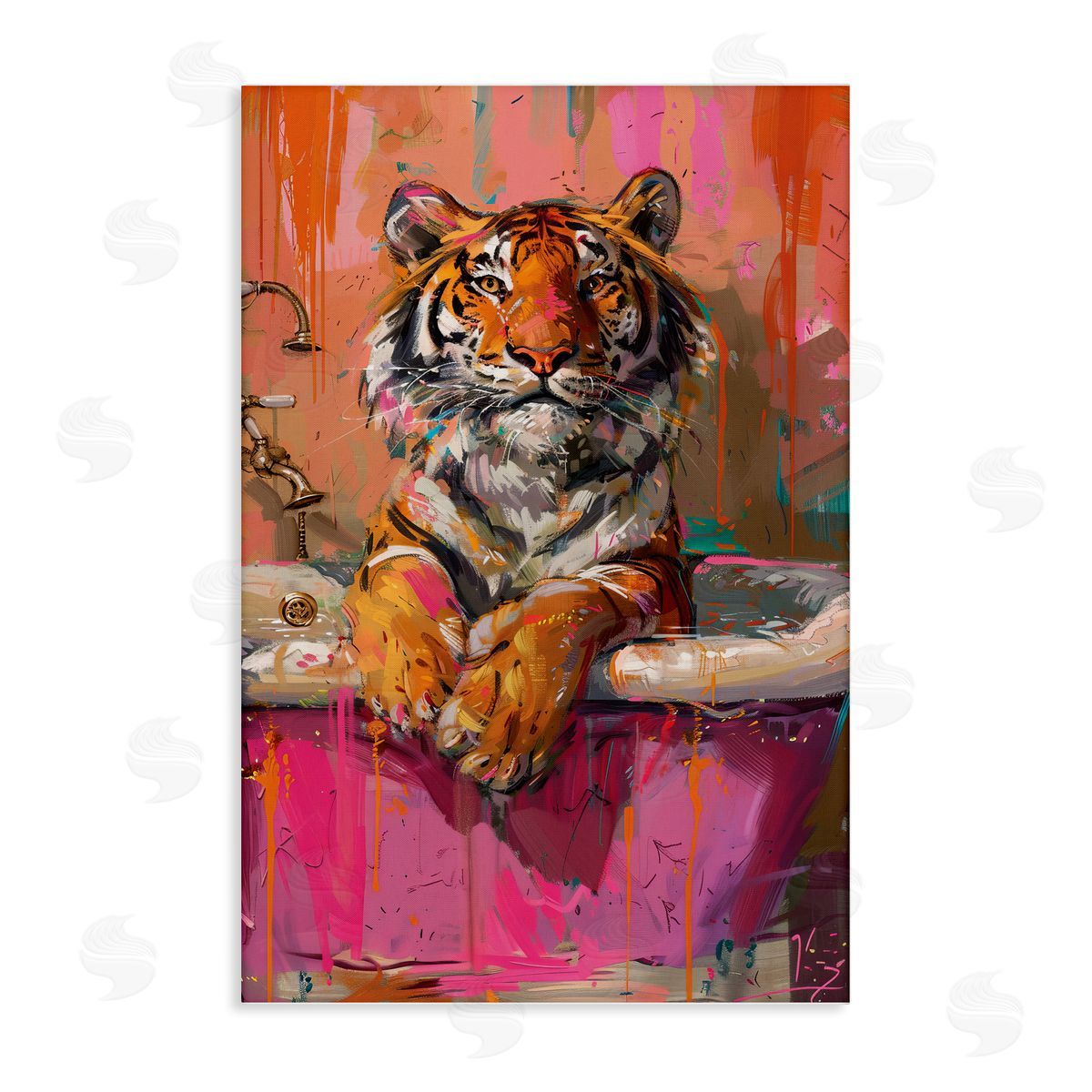 Fresh Abstraction Tiger in Bathtub Canvas Wall Art, Home Decor by LSR Design Studio