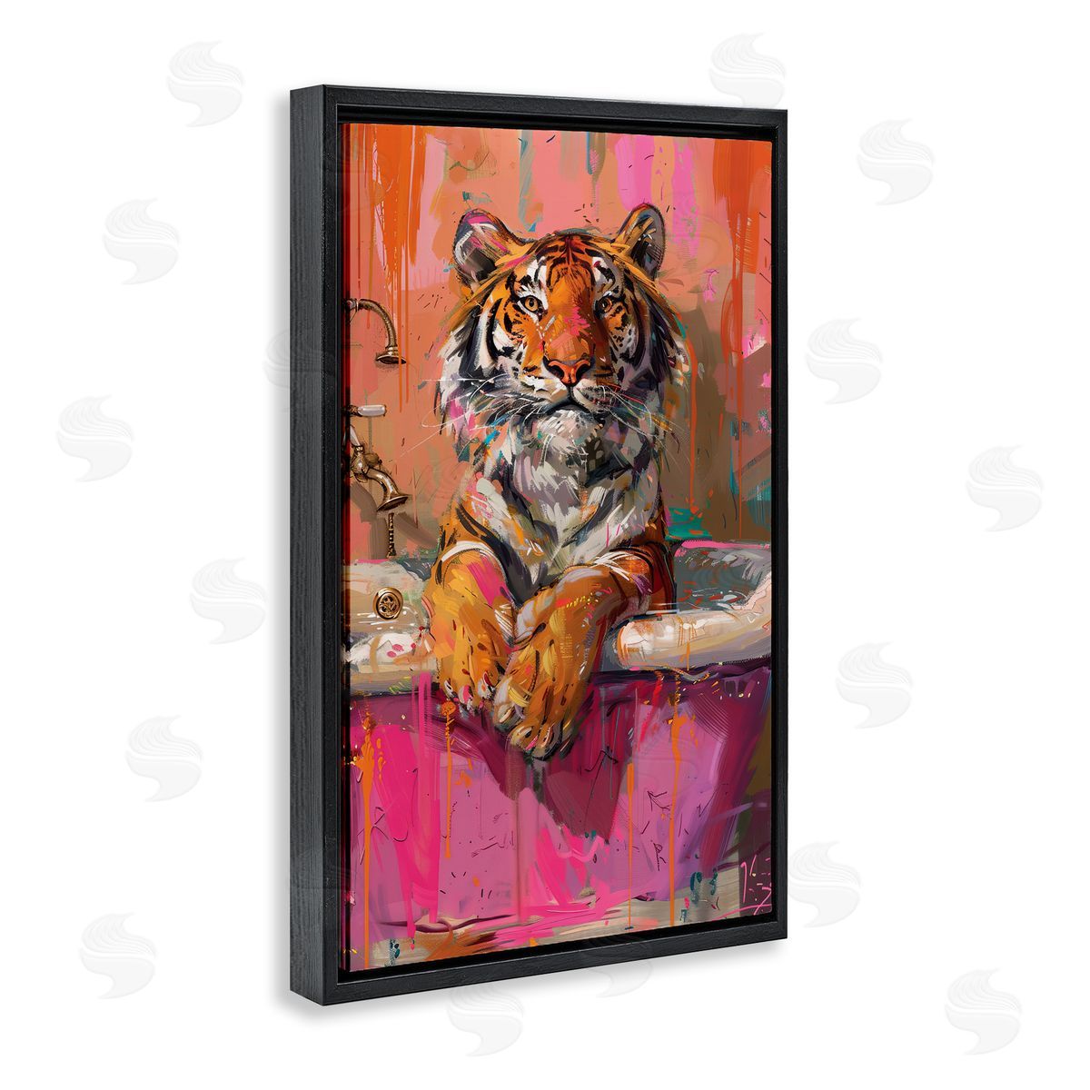 Fresh Abstraction Tiger in Bathtub Black Floating Frame Canvas Wall Art, Home Decor by LSR Design Studio