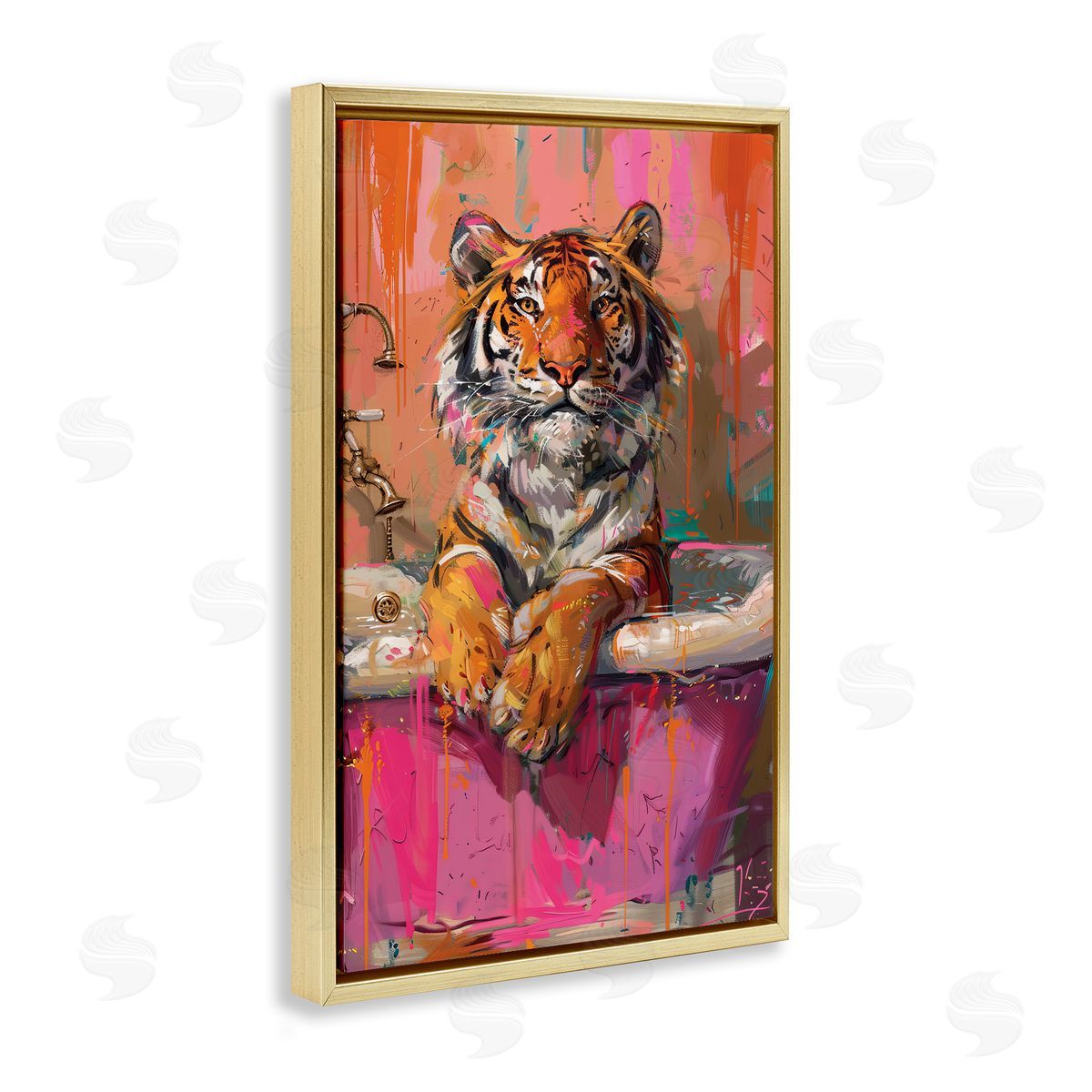 Fresh Abstraction Tiger in Bathtub Gold Floating Frame Canvas Wall Art, Home Decor by LSR Design Studio