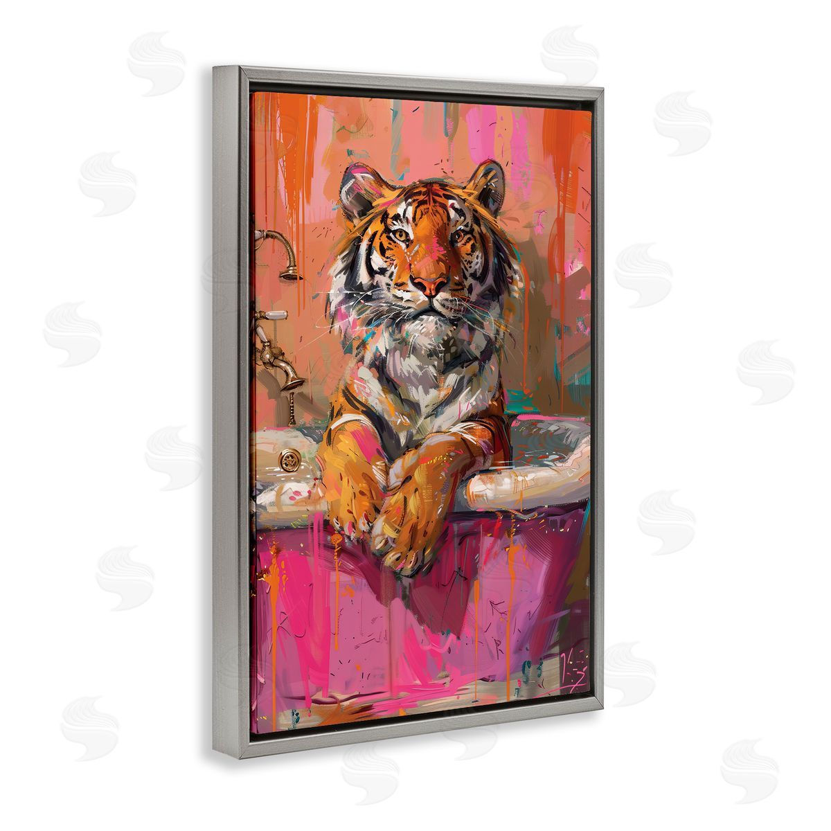 Fresh Abstraction Tiger in Bathtub Grey Floating Frame Canvas Wall Art, Home Decor by LSR Design Studio