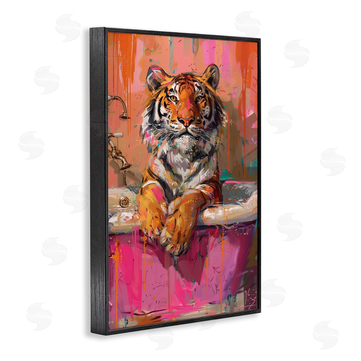 Fresh Abstraction Tiger in Bathtub Black Frame Print Wall Art, Home Decor by LSR Design Studio