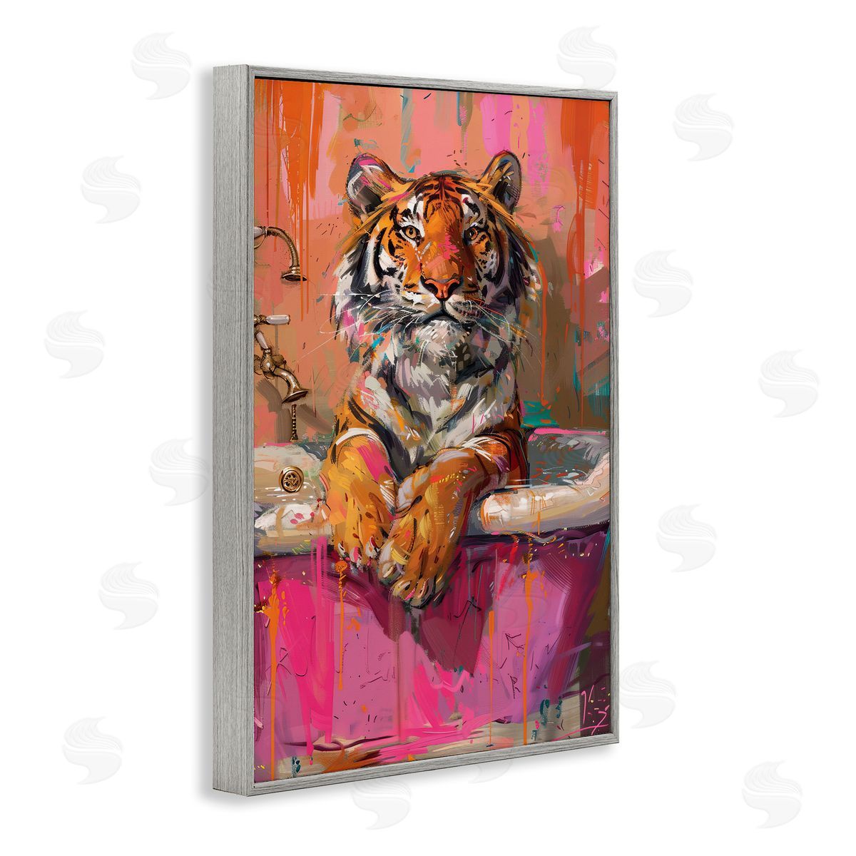 Fresh Abstraction Tiger in Bathtub Grey Frame Print Wall Art, Home Decor by LSR Design Studio