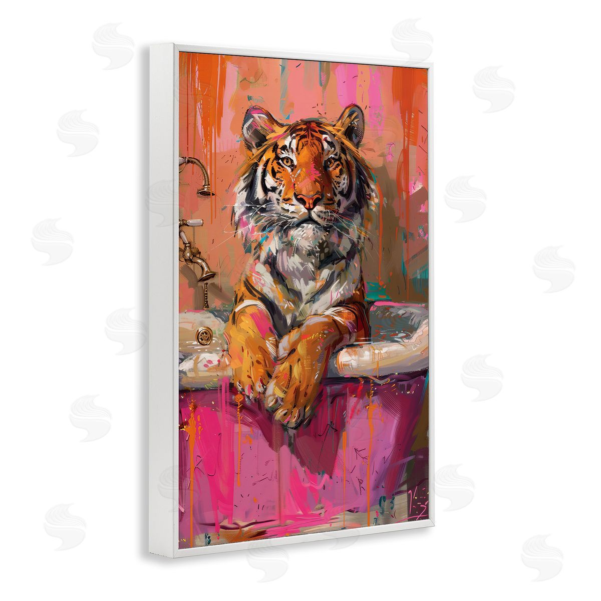 Fresh Abstraction Tiger in Bathtub White Frame Print Wall Art, Home Decor by LSR Design Studio