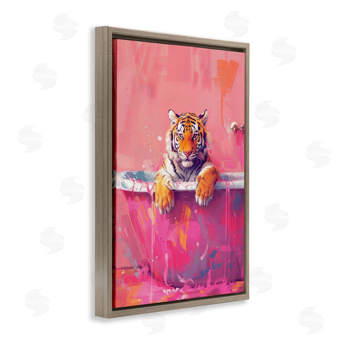 Bright Bathing Tiger in Tub Brown Floating Frame Canvas Wall Art, Home Decor by LSR Design Studio