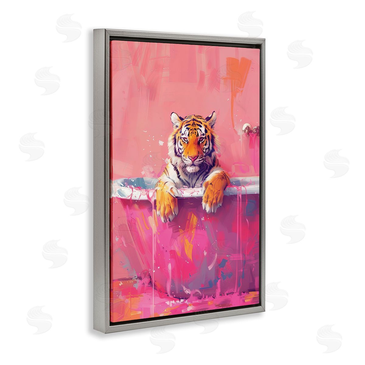 Bright Bathing Tiger in Tub Grey Floating Frame Canvas Wall Art, Home Decor by LSR Design Studio