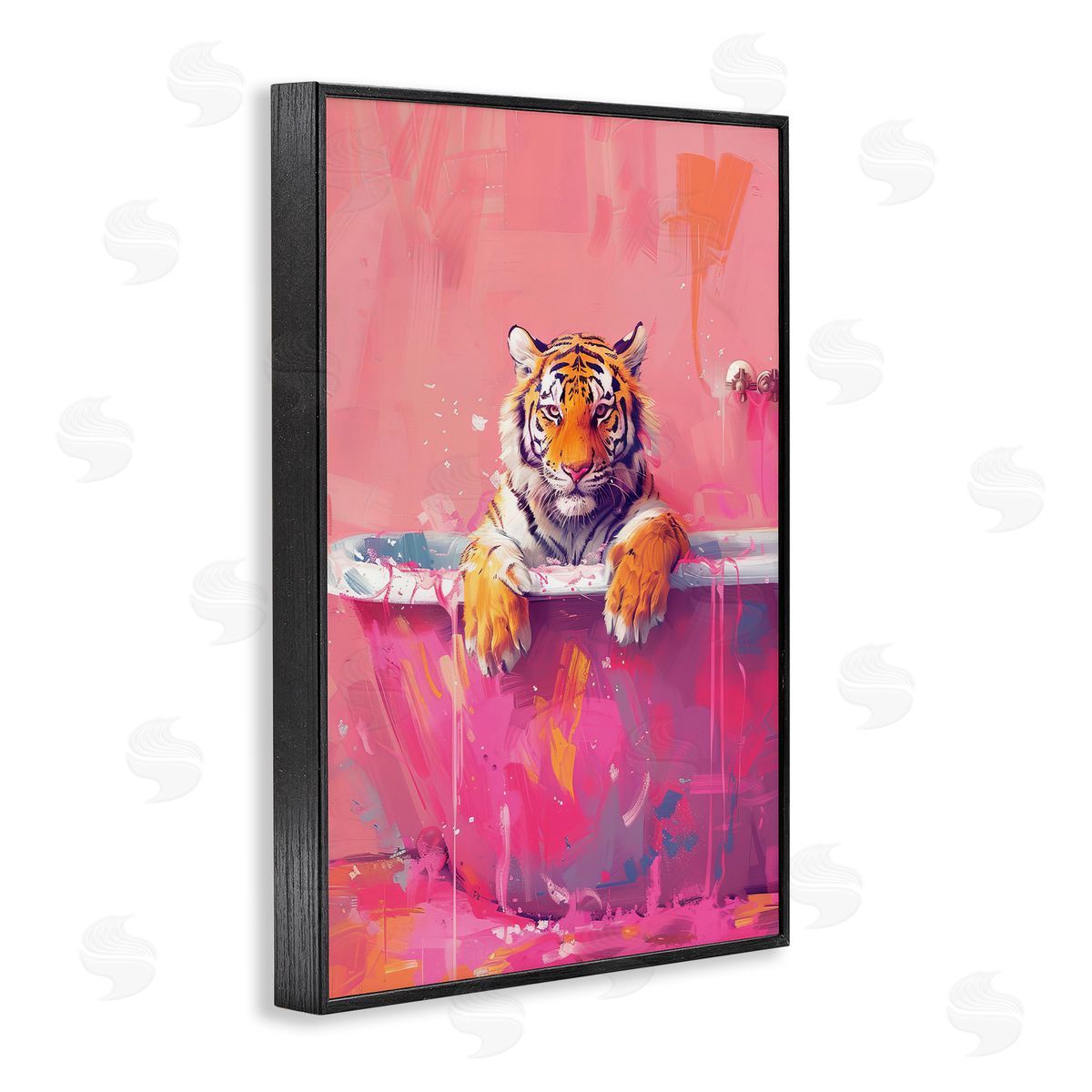 Bright Bathing Tiger in Tub Black Frame Print Wall Art, Home Decor by LSR Design Studio