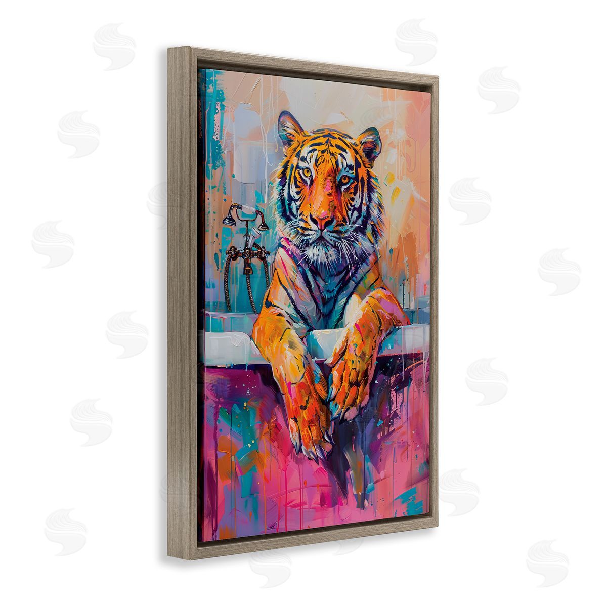 Bathing Tiger in Bright Tub Brown Floating Frame Canvas Wall Art, Home Decor by LSR Design Studio