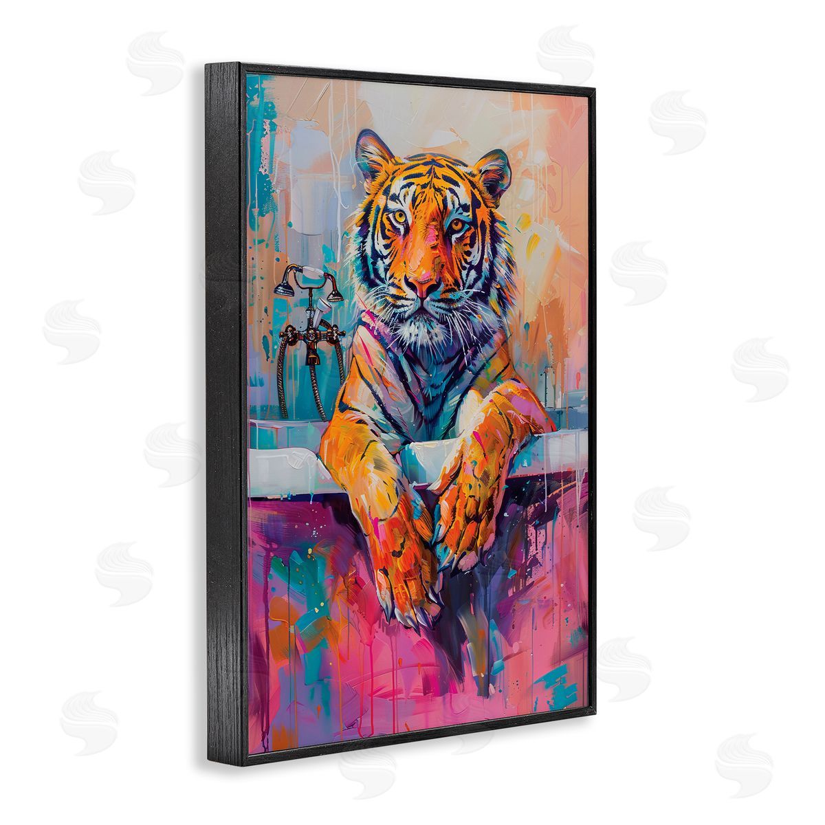 Bathing Tiger in Bright Tub Black Frame Print Wall Art, Home Decor by LSR Design Studio