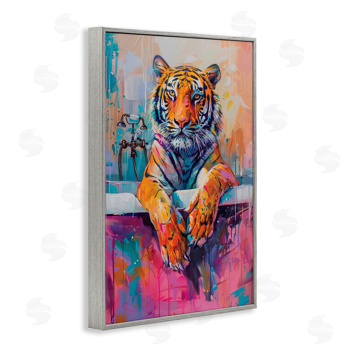 Bathing Tiger in Bright Tub Grey Frame Print Wall Art, Home Decor by LSR Design Studio