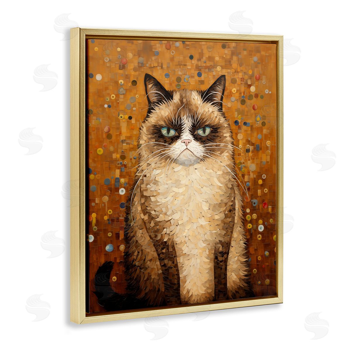 Grumpy Klimt Cat Gold Floating Frame Canvas Wall Art, Home Decor by Arlington Prints