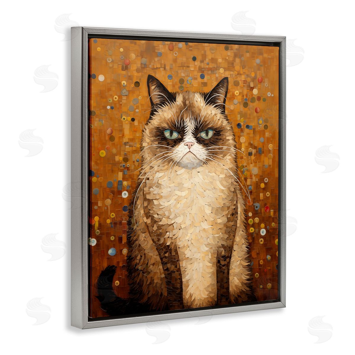 Grumpy Klimt Cat Grey Floating Frame Canvas Wall Art, Home Decor by Arlington Prints