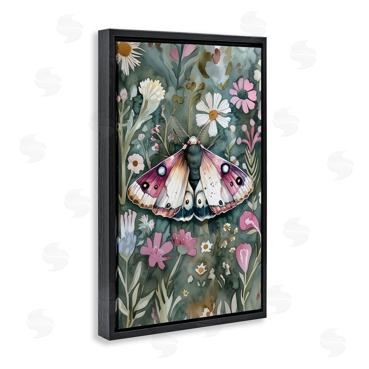 Beautiful Moth over Florals Black Floating Frame Canvas Wall Art, Home Decor by The Dutch Lady