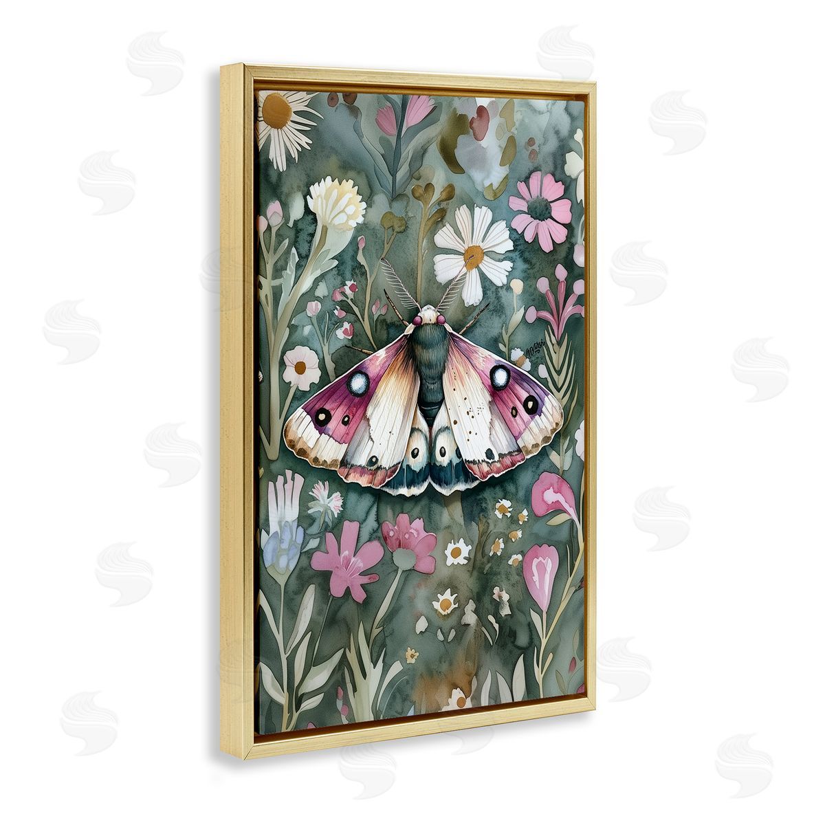 Beautiful Moth over Florals Gold Floating Frame Canvas Wall Art, Home Decor by The Dutch Lady
