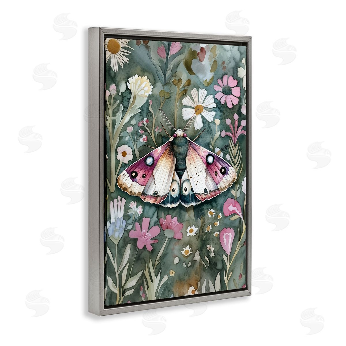 Beautiful Moth over Florals Grey Floating Frame Canvas Wall Art, Home Decor by The Dutch Lady