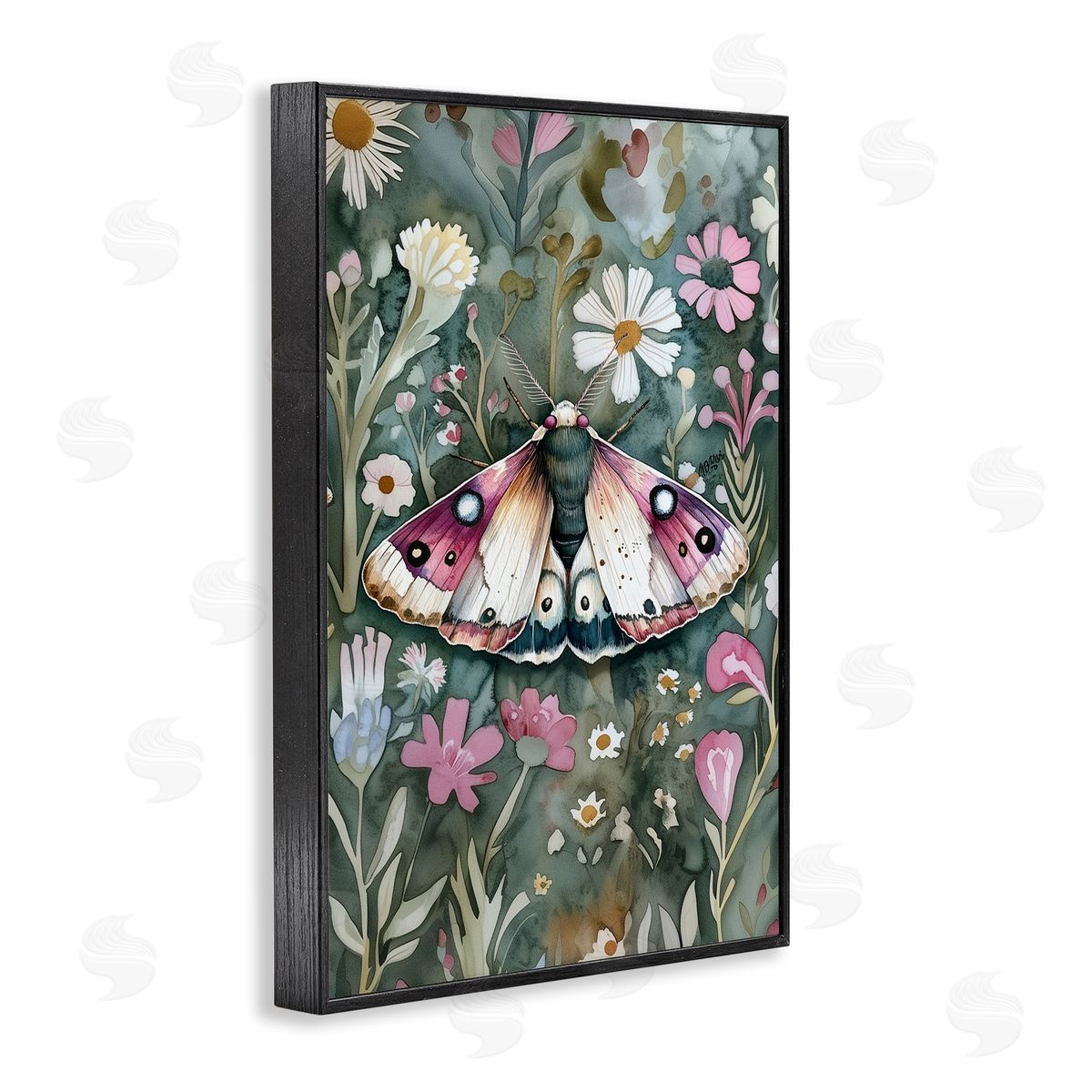 Beautiful Moth over Florals Black Frame Print Wall Art, Home Decor by The Dutch Lady