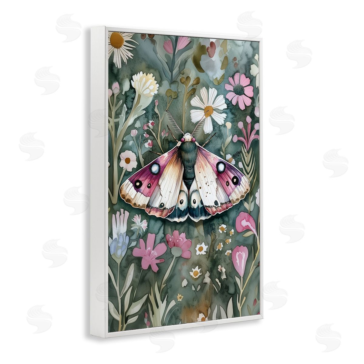 Beautiful Moth over Florals White Frame Print Wall Art, Home Decor by The Dutch Lady