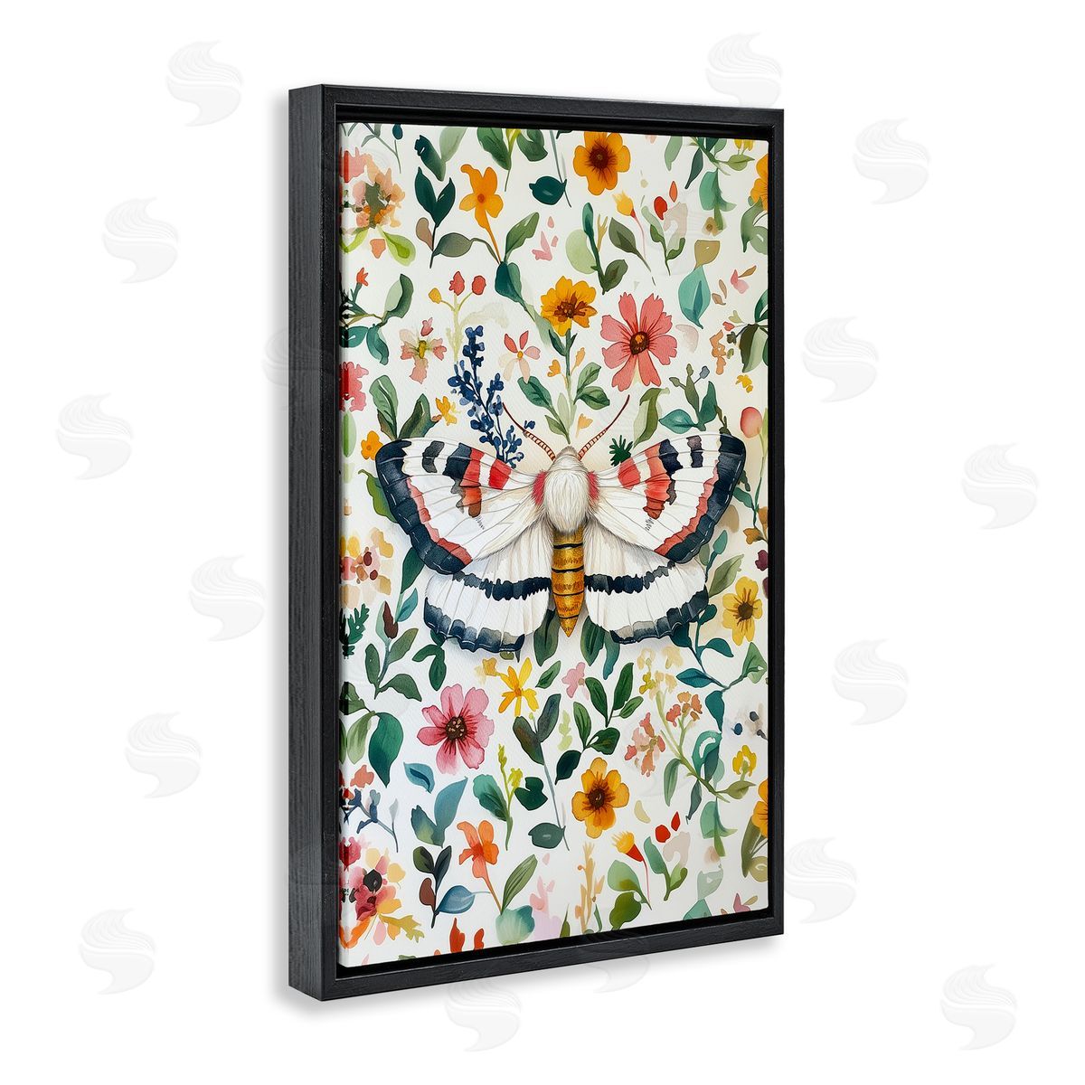 Butterfly & Bright Flowers Black Floating Frame Canvas Wall Art, Home Decor by The Dutch Lady