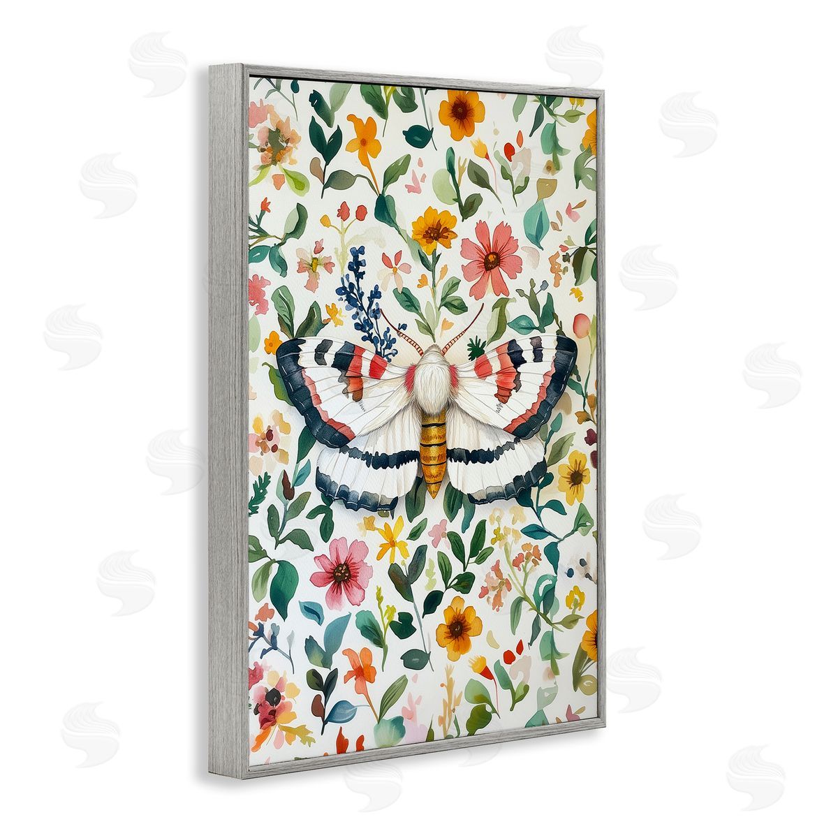 Butterfly & Bright Flowers Grey Frame Print Wall Art, Home Decor by The Dutch Lady