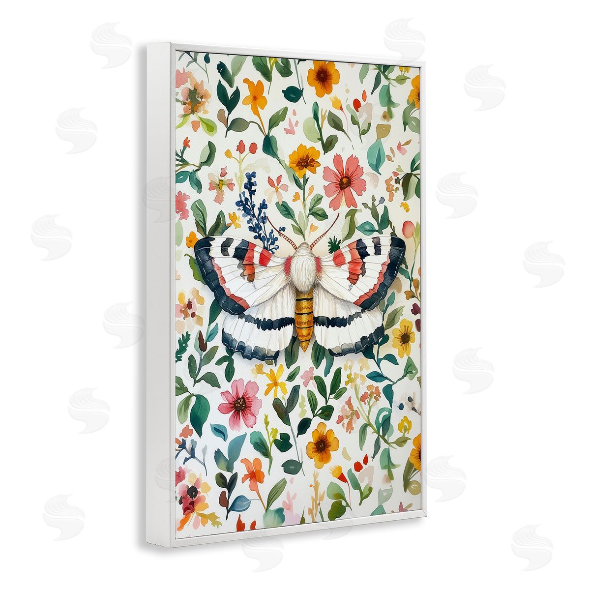 Butterfly & Bright Flowers White Frame Print Wall Art, Home Decor by The Dutch Lady
