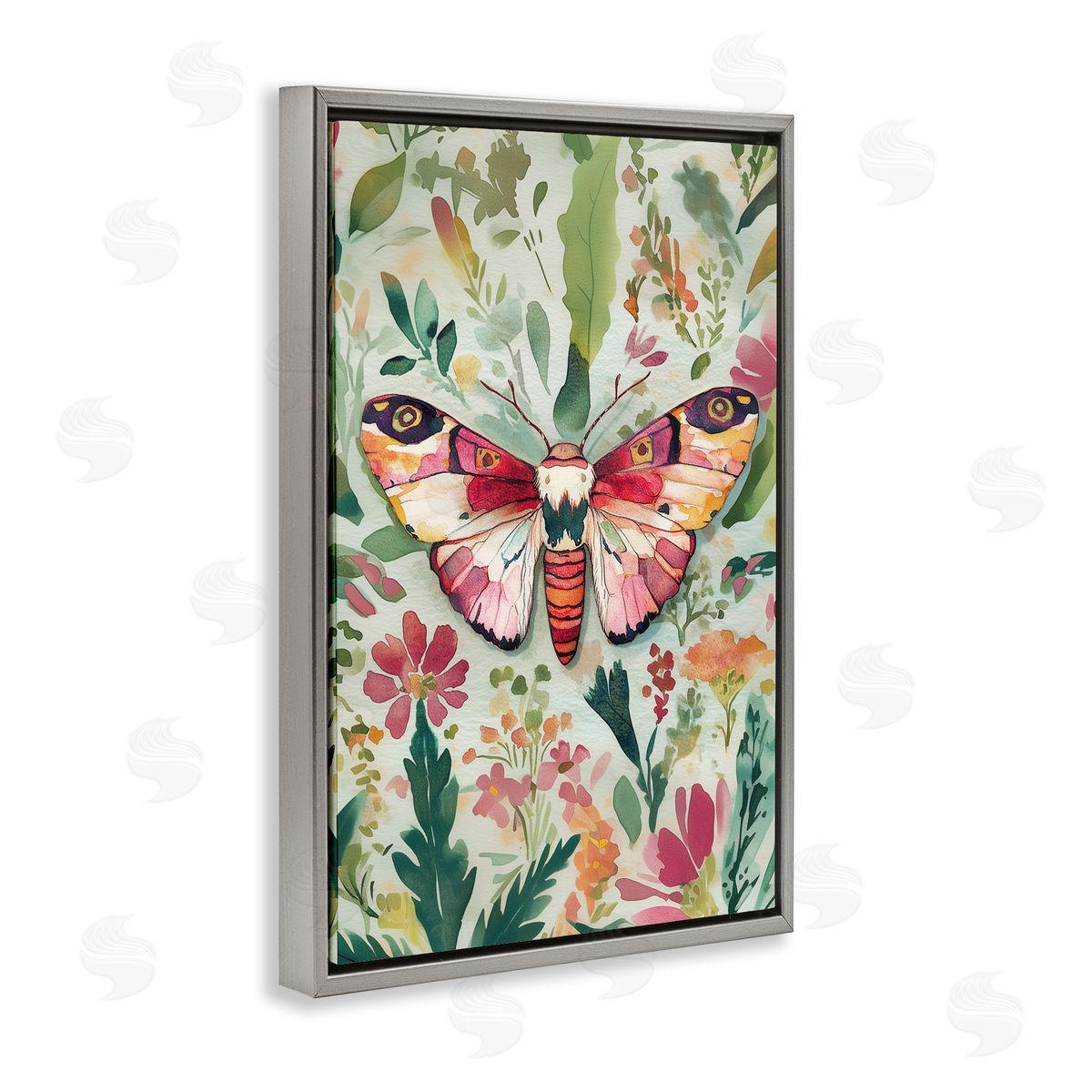 Butterfly over Abstract Flowers Grey Floating Frame Canvas Wall Art, Home Decor by The Dutch Lady