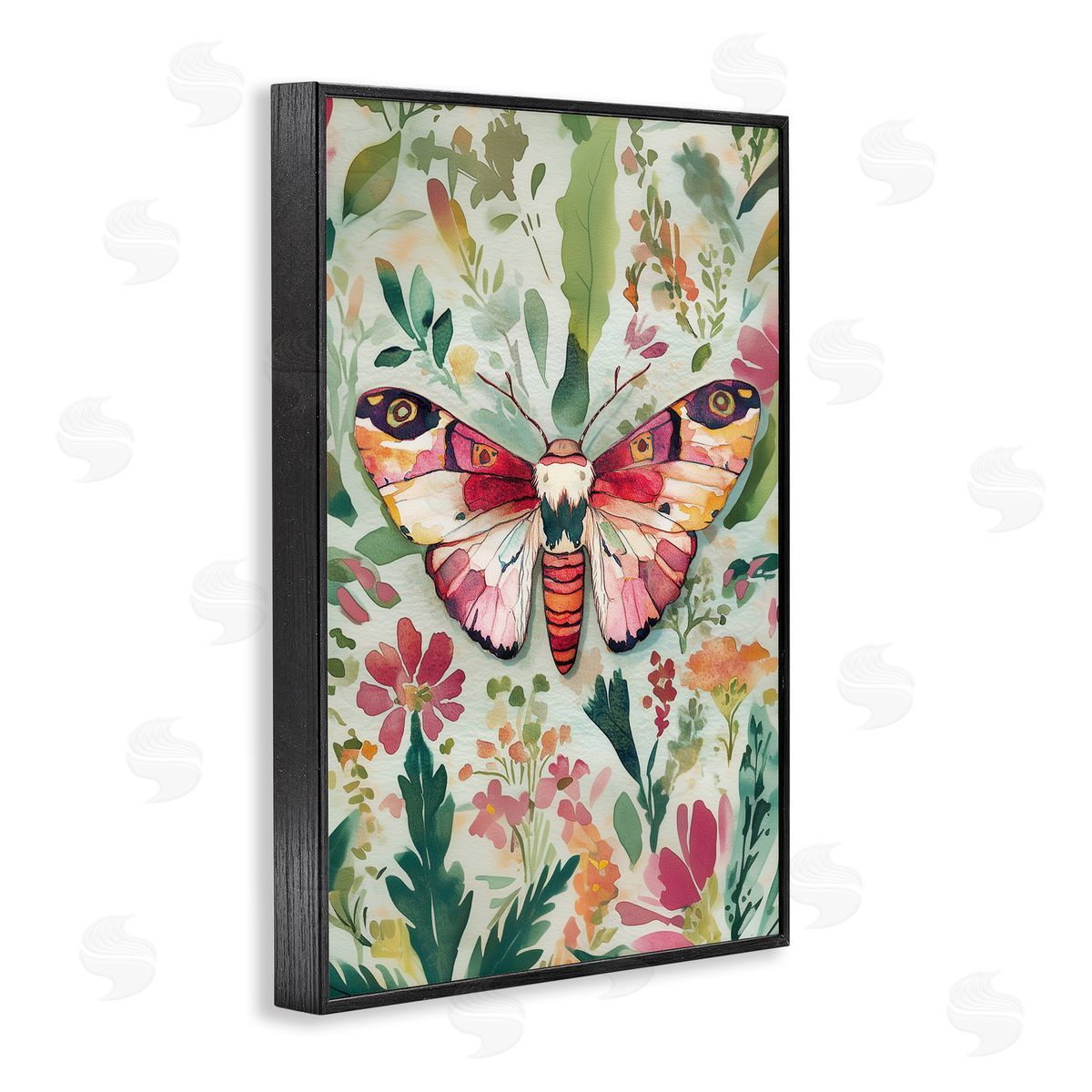 Butterfly over Abstract Flowers Black Frame Print Wall Art, Home Decor by The Dutch Lady