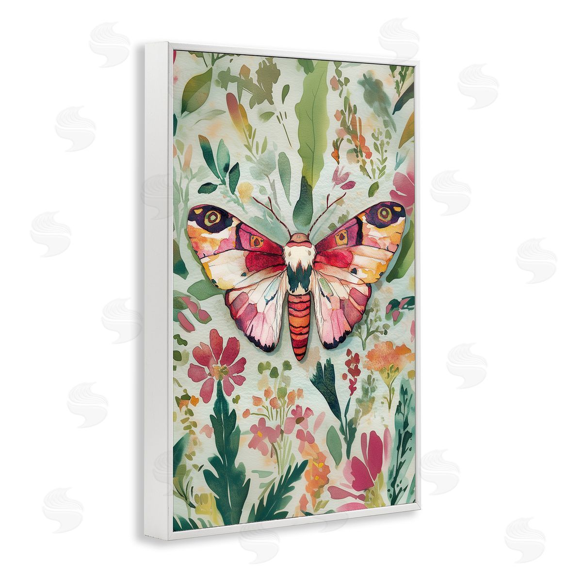 Butterfly over Abstract Flowers White Frame Print Wall Art, Home Decor by The Dutch Lady