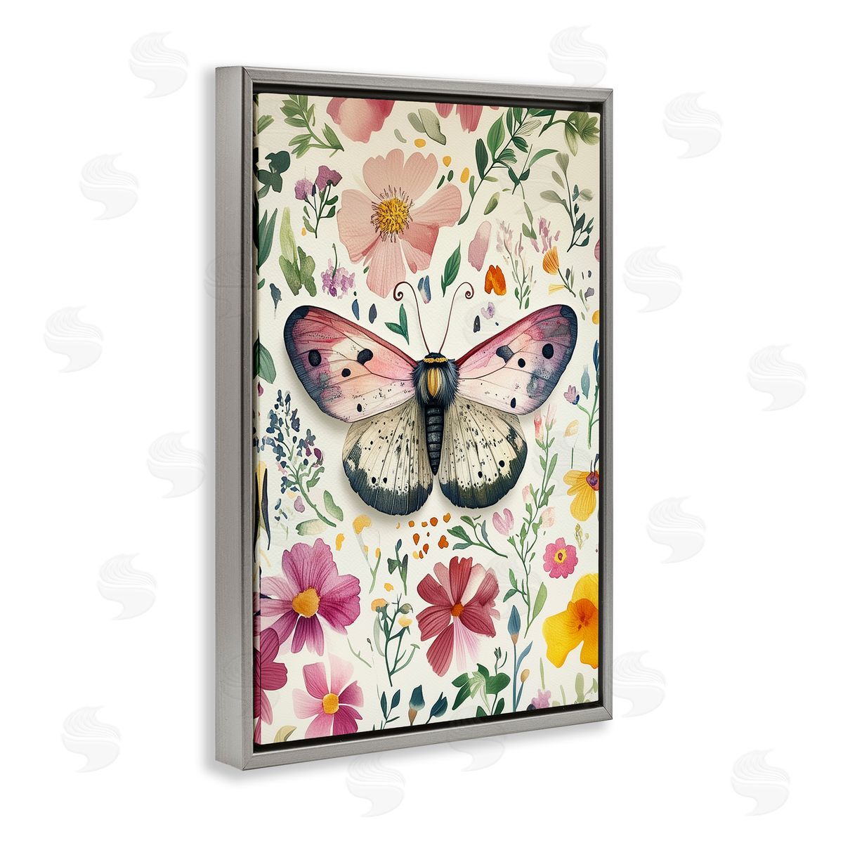 Botanical Butterfly & Herbs Grey Floating Frame Canvas Wall Art, Home Decor by The Dutch Lady