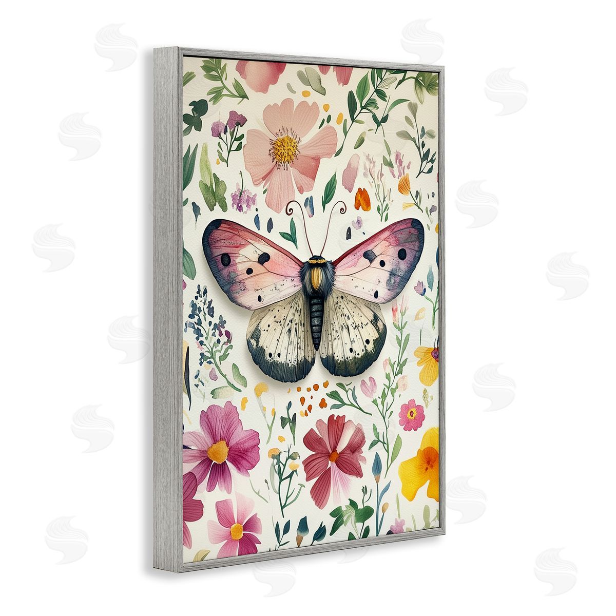 Botanical Butterfly & Herbs Grey Frame Print Wall Art, Home Decor by The Dutch Lady