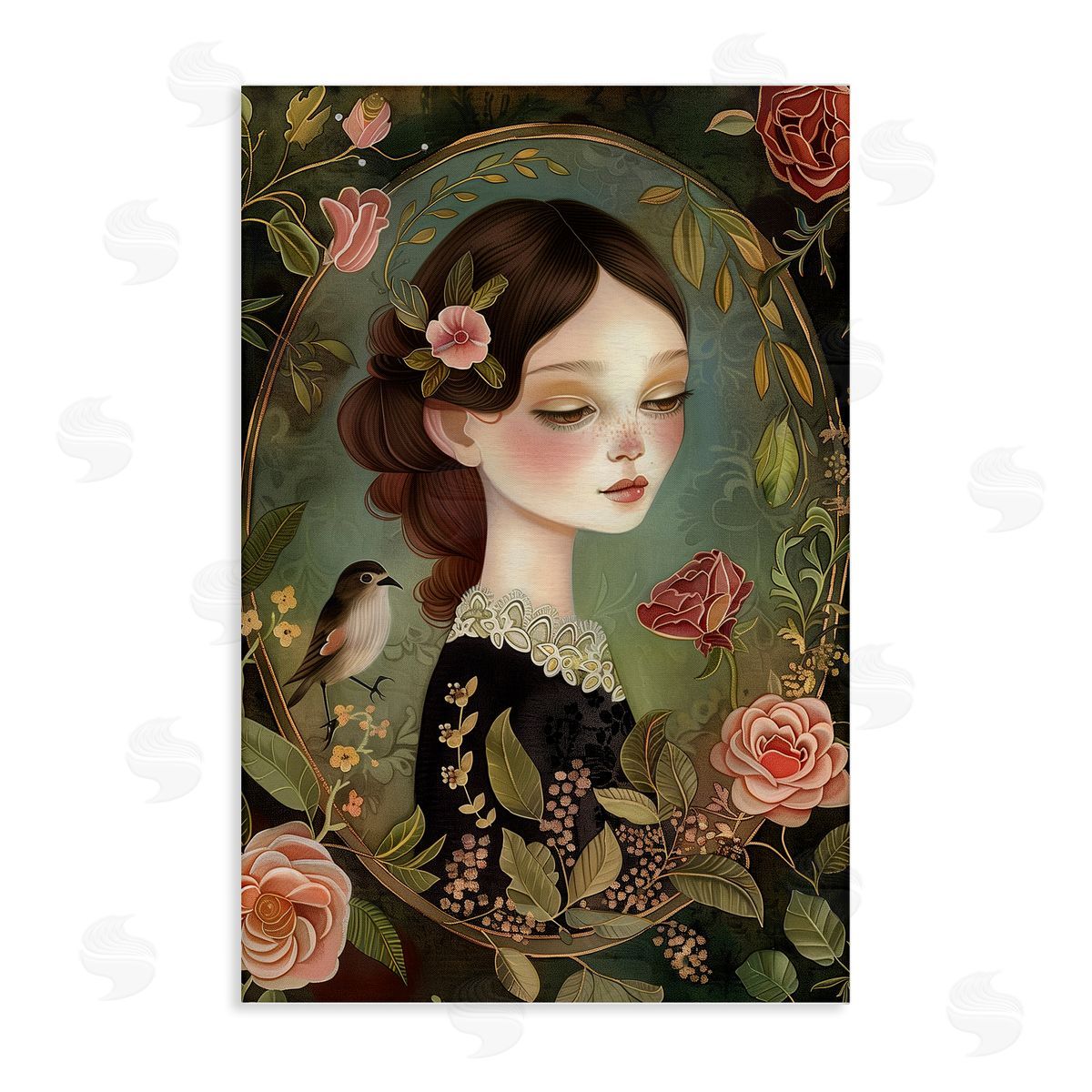Vintage Lady & Floral Border Canvas Wall Art, Home Decor by The Dutch Lady