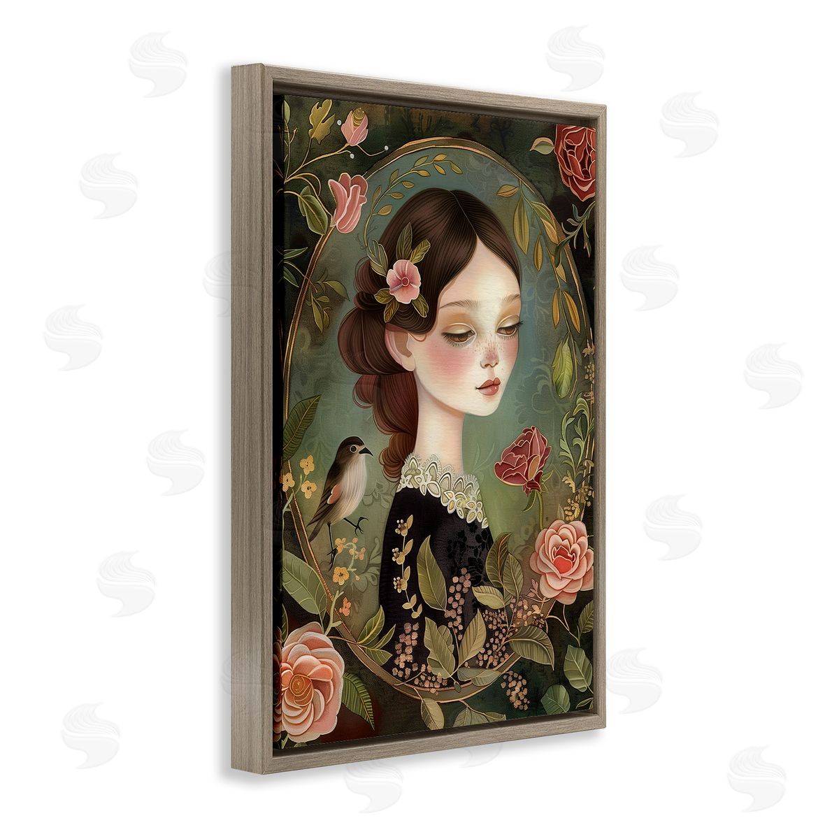 Vintage Lady & Floral Border Brown Floating Frame Canvas Wall Art, Home Decor by The Dutch Lady