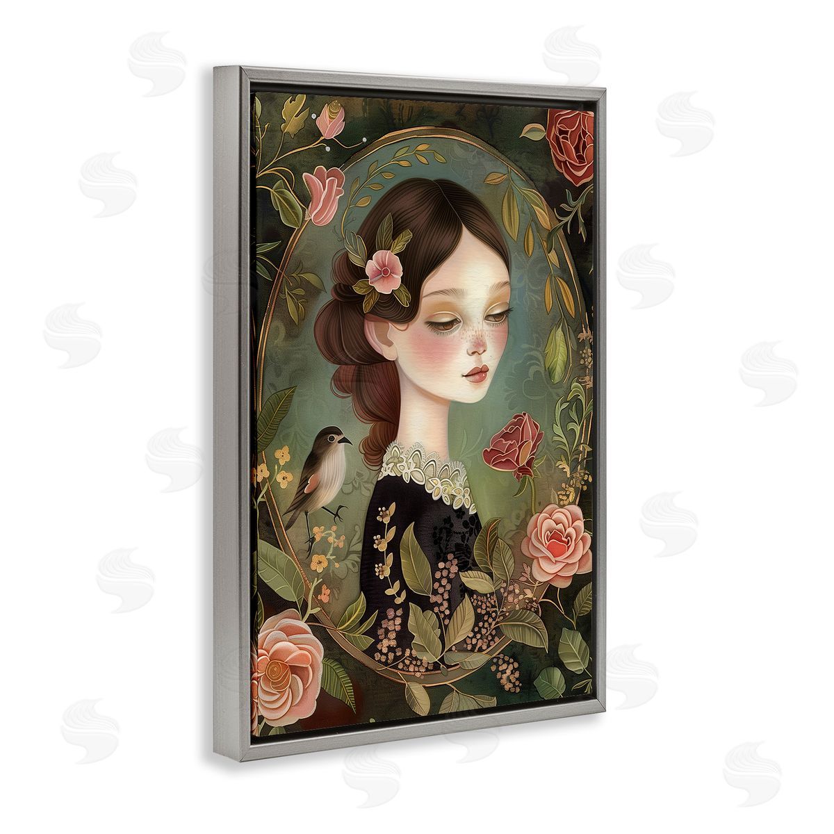 Vintage Lady & Floral Border Grey Floating Frame Canvas Wall Art, Home Decor by The Dutch Lady