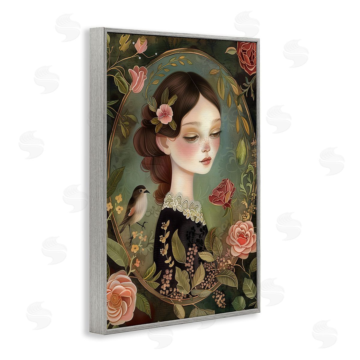 Vintage Lady & Floral Border Grey Frame Print Wall Art, Home Decor by The Dutch Lady
