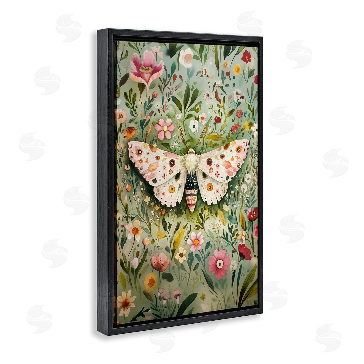 Floral Moth & Botanicals Black Floating Frame Canvas Wall Art, Home Decor by The Dutch Lady