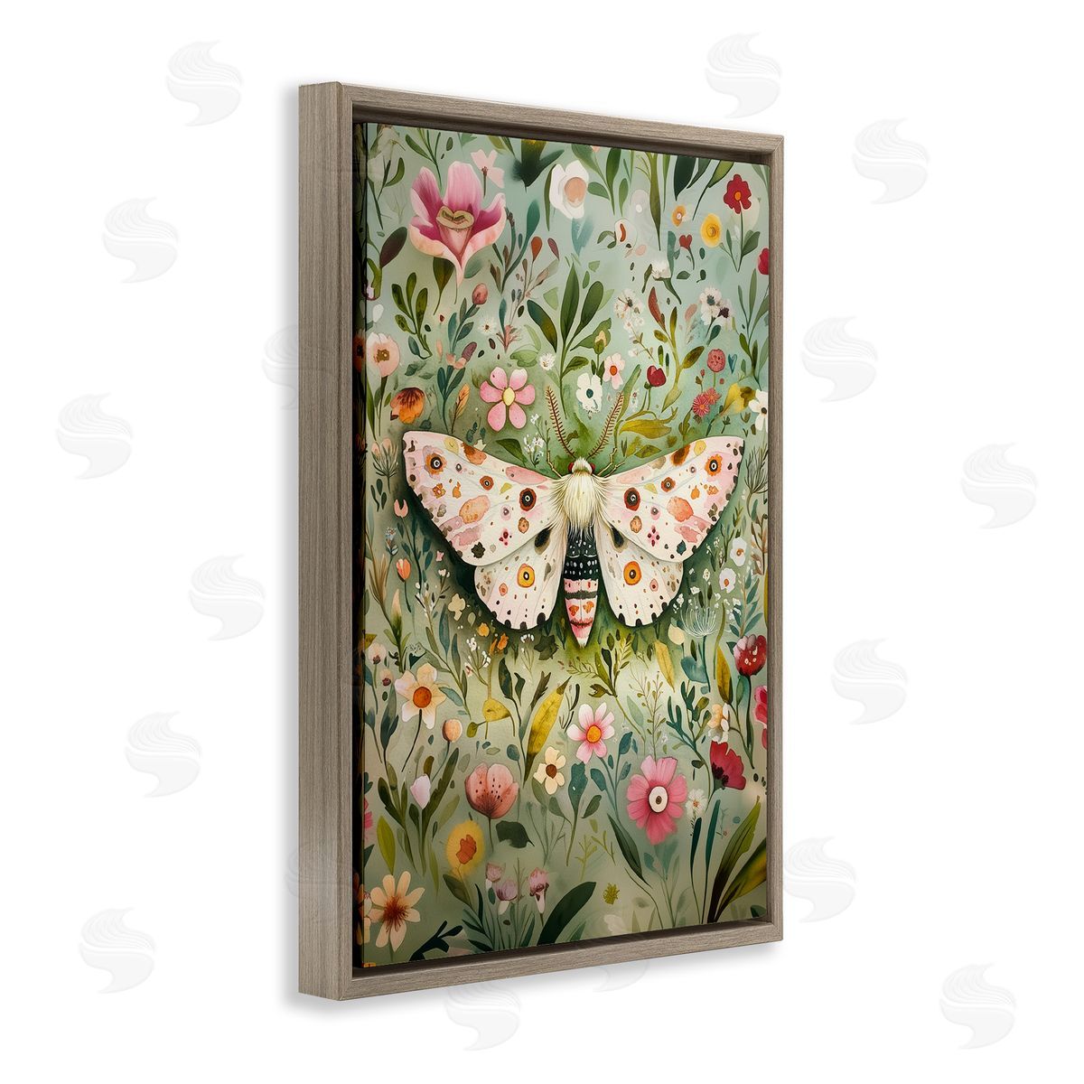 Floral Moth & Botanicals Brown Floating Frame Canvas Wall Art, Home Decor by The Dutch Lady