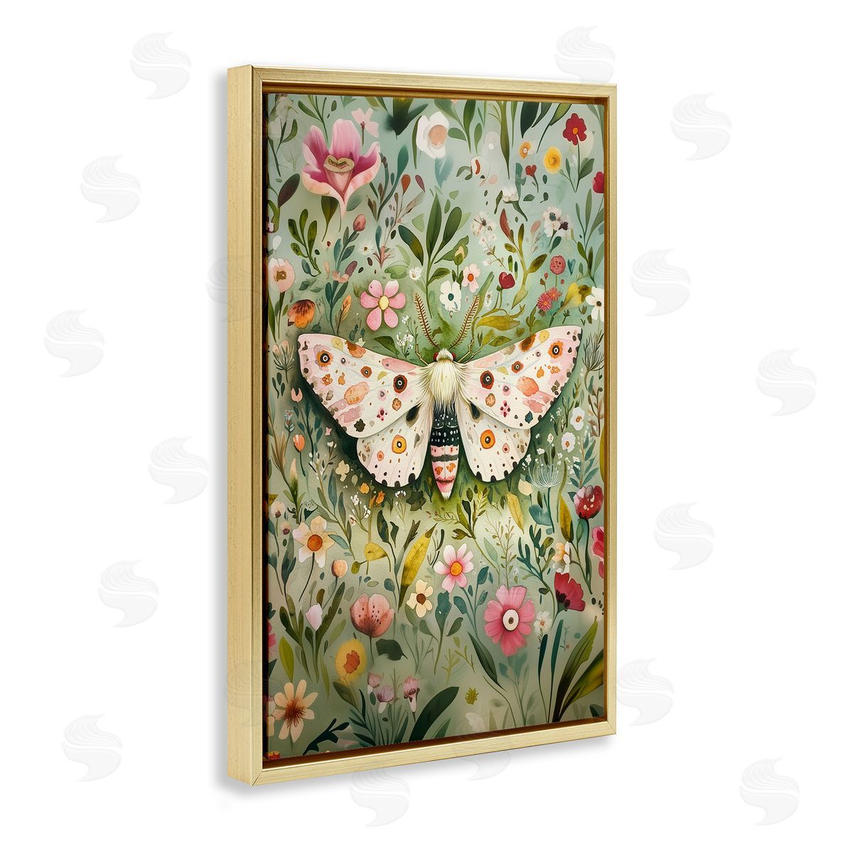 Floral Moth & Botanicals Gold Floating Frame Canvas Wall Art, Home Decor by The Dutch Lady