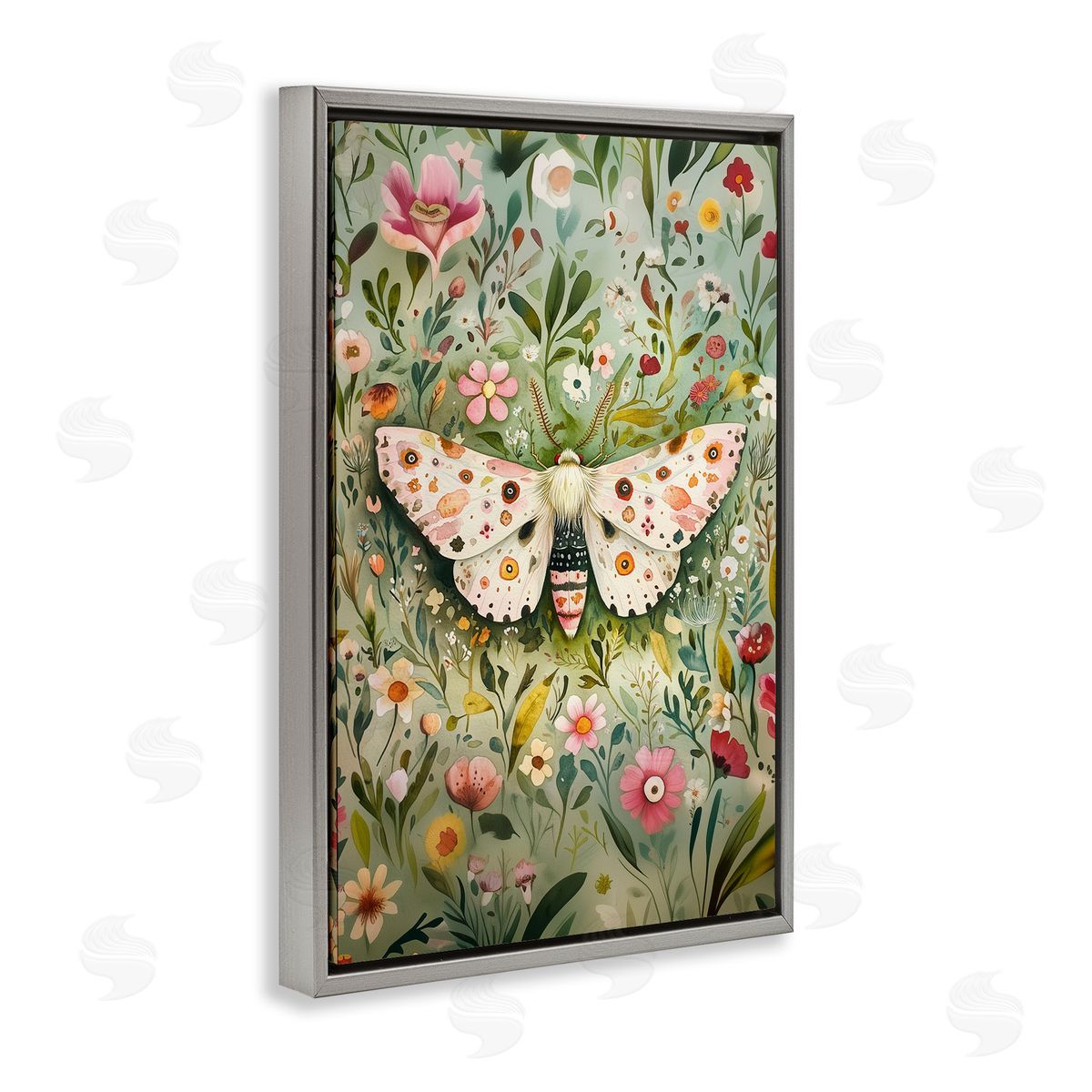 Floral Moth & Botanicals Grey Floating Frame Canvas Wall Art, Home Decor by The Dutch Lady
