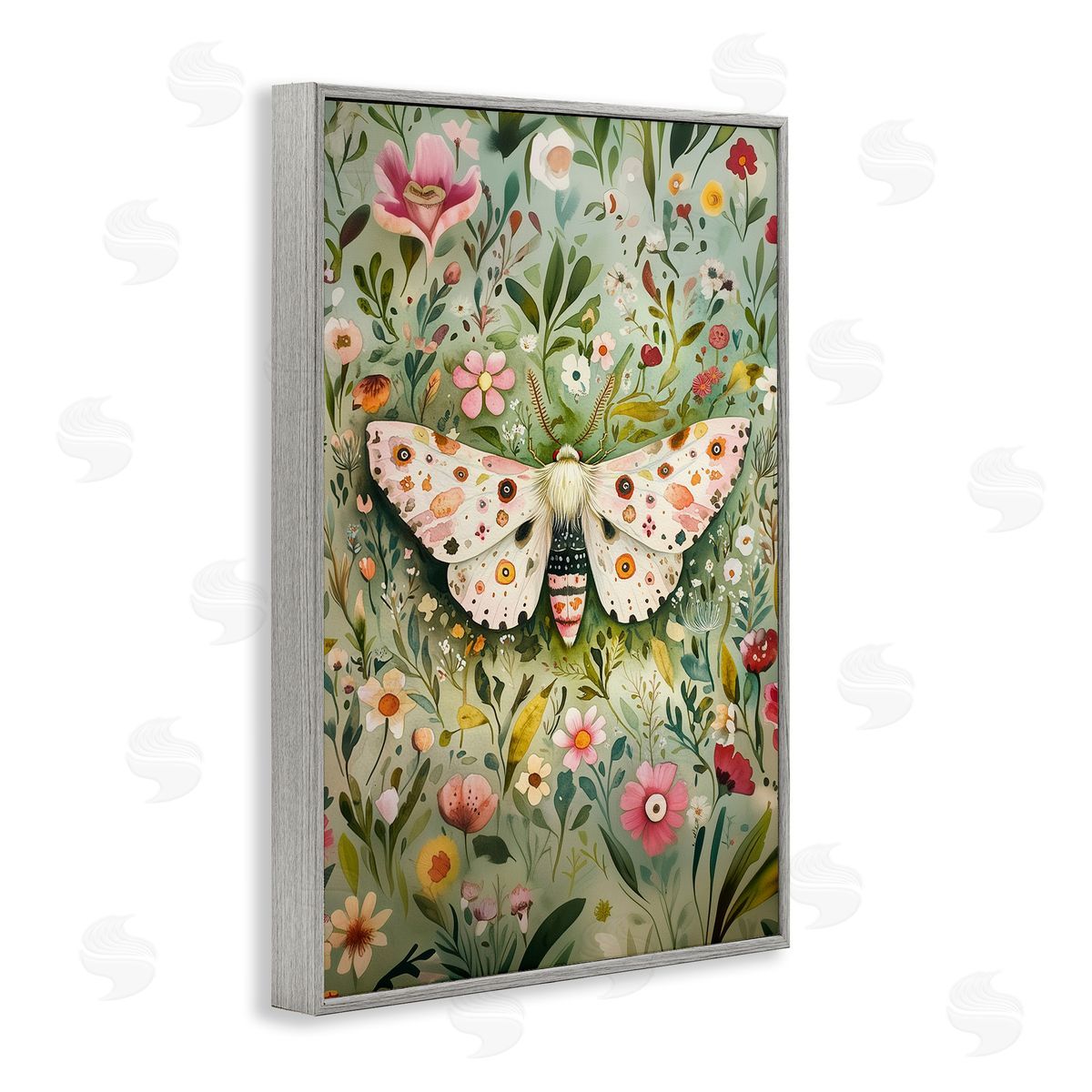 Floral Moth & Botanicals Grey Frame Print Wall Art, Home Decor by The Dutch Lady
