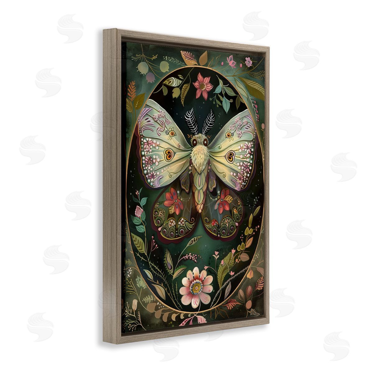 Green Toned Victorian Moth Brown Floating Frame Canvas Wall Art, Home Decor by The Dutch Lady