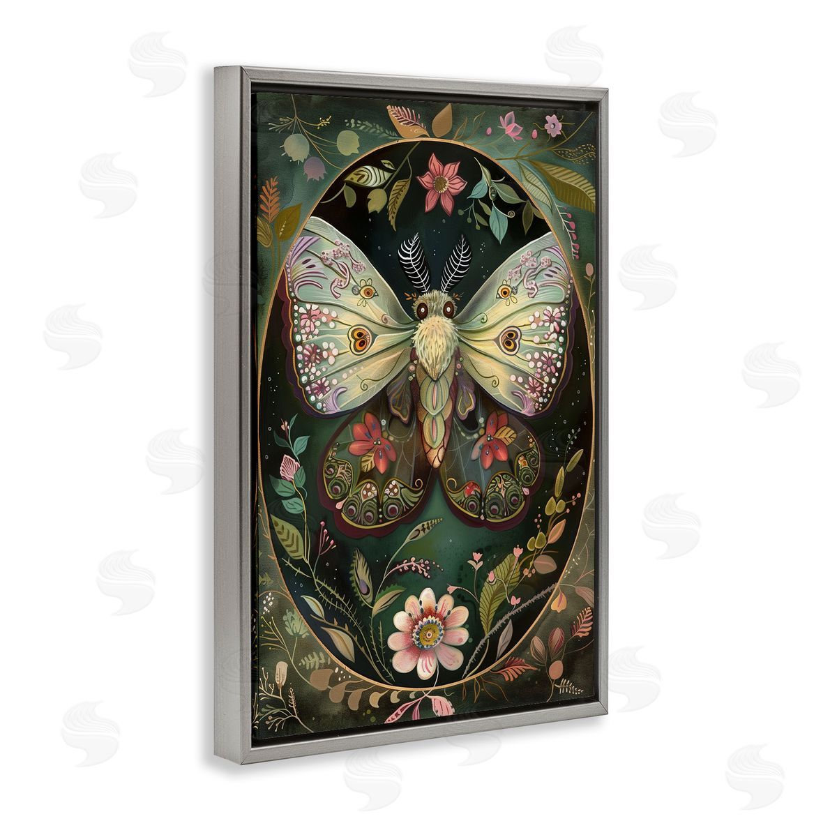 Green Toned Victorian Moth Grey Floating Frame Canvas Wall Art, Home Decor by The Dutch Lady