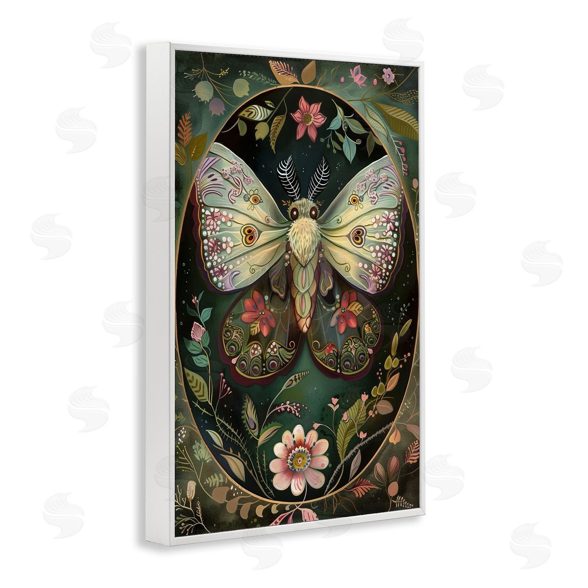 Green Toned Victorian Moth White Frame Print Wall Art, Home Decor by The Dutch Lady