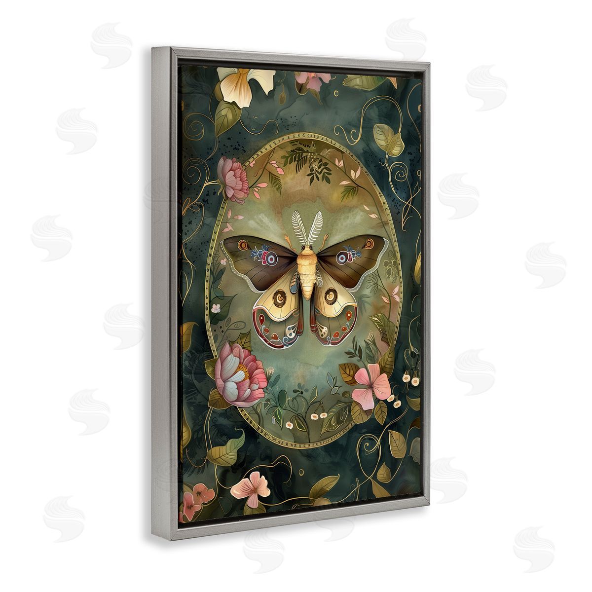 Ornate Victorian Moth Grey Floating Frame Canvas Wall Art, Home Decor by The Dutch Lady