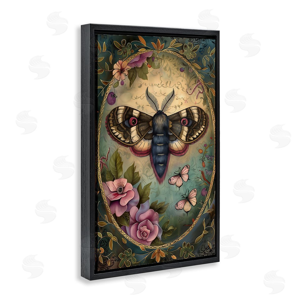 Vintage Moth & Floral Border Black Floating Frame Canvas Wall Art, Home Decor by The Dutch Lady
