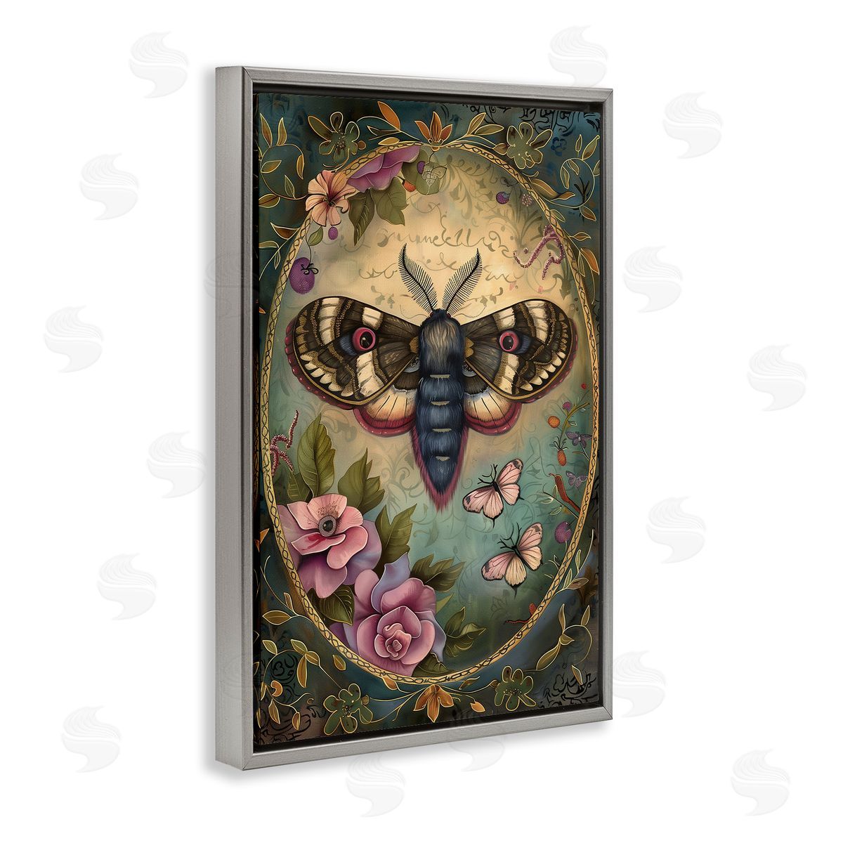 Vintage Moth & Floral Border Grey Floating Frame Canvas Wall Art, Home Decor by The Dutch Lady
