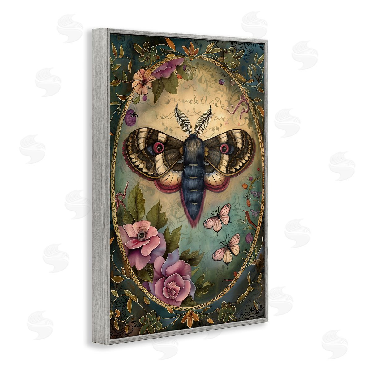 Vintage Moth & Floral Border Grey Frame Print Wall Art, Home Decor by The Dutch Lady