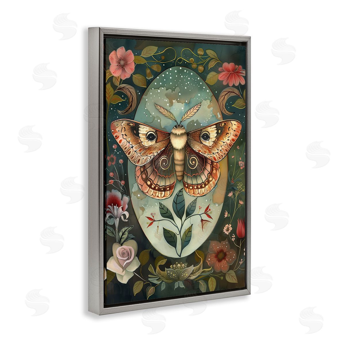 Moth with Blooming Florals Grey Floating Frame Canvas Wall Art, Home Decor by The Dutch Lady