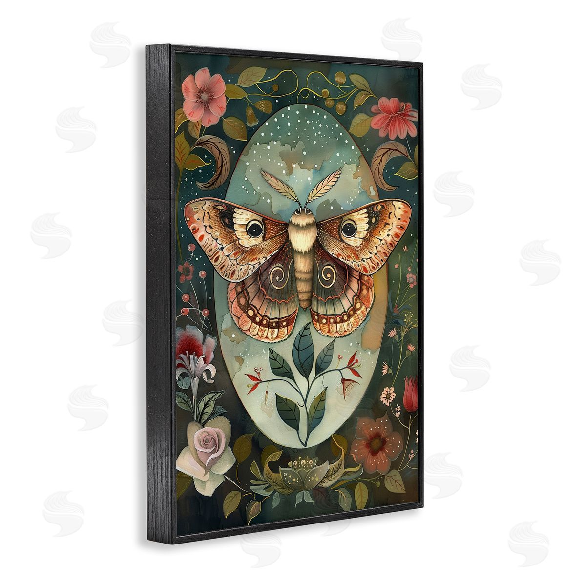 Moth with Blooming Florals Black Frame Print Wall Art, Home Decor by The Dutch Lady